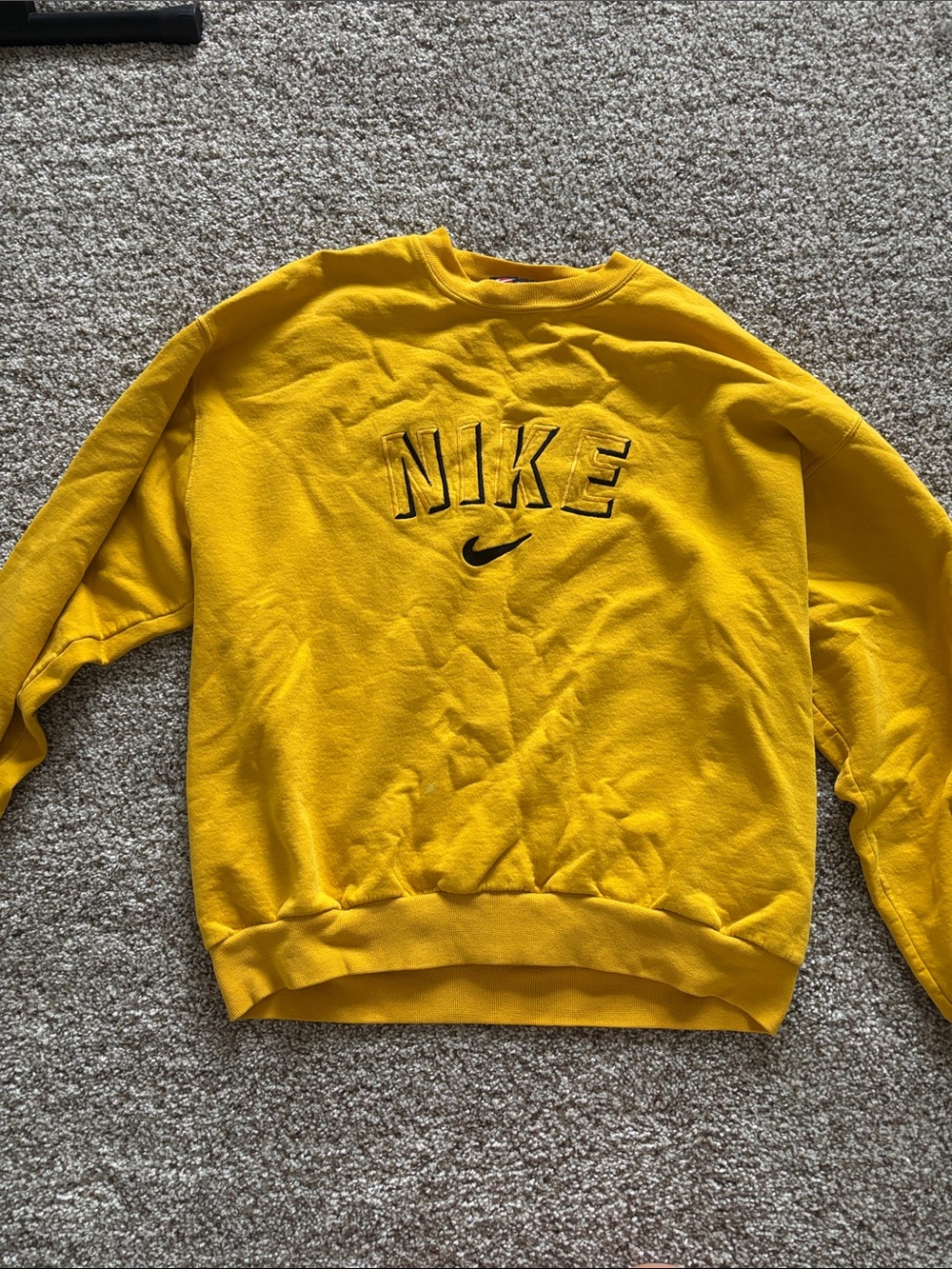Nike Men's Vintage Yellow Crewneck Sweatshirt with Black Embroidered Logo